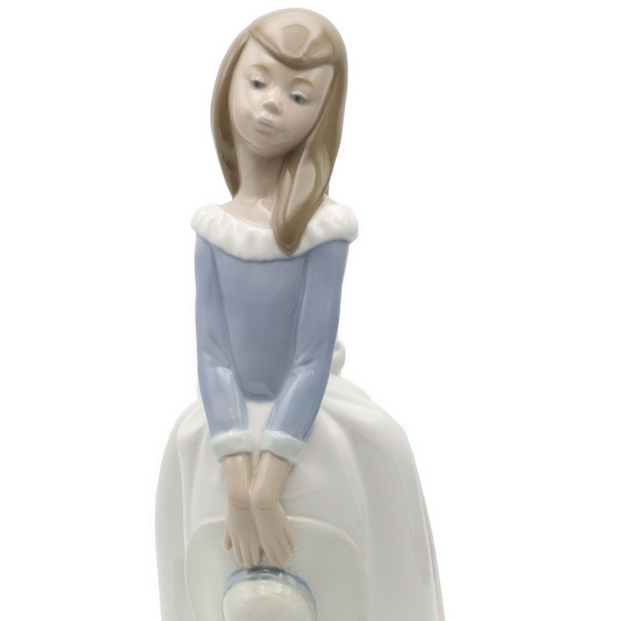 Lladro Figurine Mädchen Mit Hut In Langem Blauem Kleid, 1982, Aus Dem Programm Genommen, Seltene Entdeckung, Miguel Requena NAO Figurine, Elegante Frau, Porzellan Handbemalt